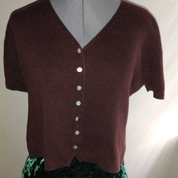 Vintage Brown Short Sleeved Cardigan Sweater, Vintage Button Up Cardigan Sweater - Picture 11 of 13